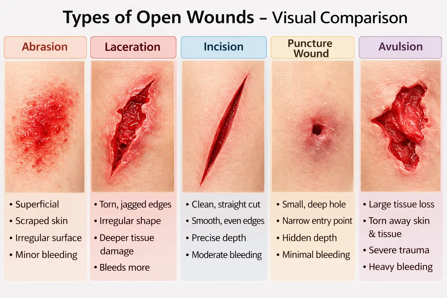 Four types of open wounds shown: incised, lacerated, puncture, and perforated.