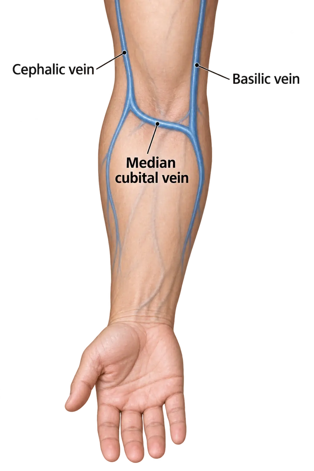 Inner forearm at the elbow bend showing the cephalic vein on the outer edge and basilic vein on the inner edge joining at the median cubital vein, the common site for blood draws.