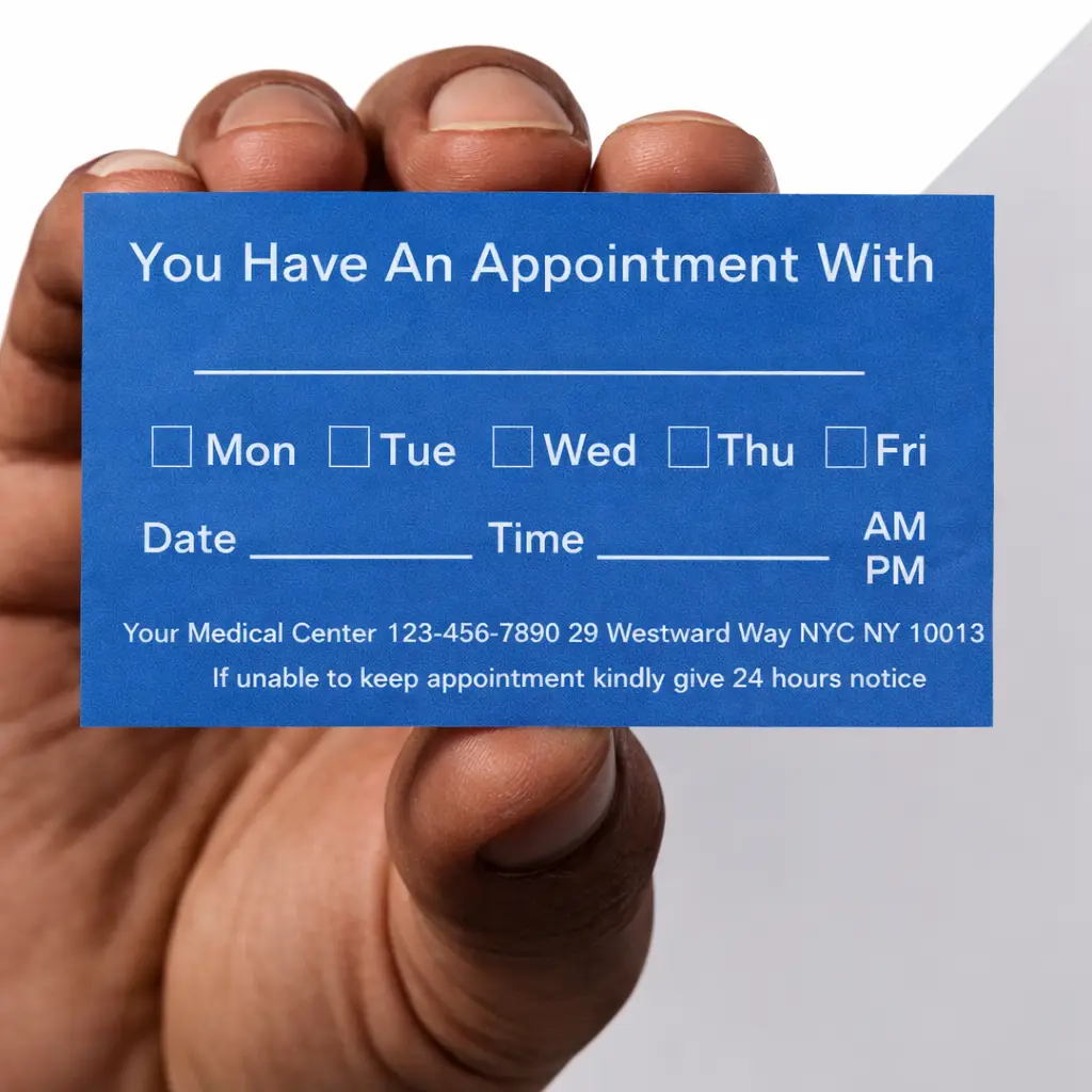 Medical appointment card provided to patients