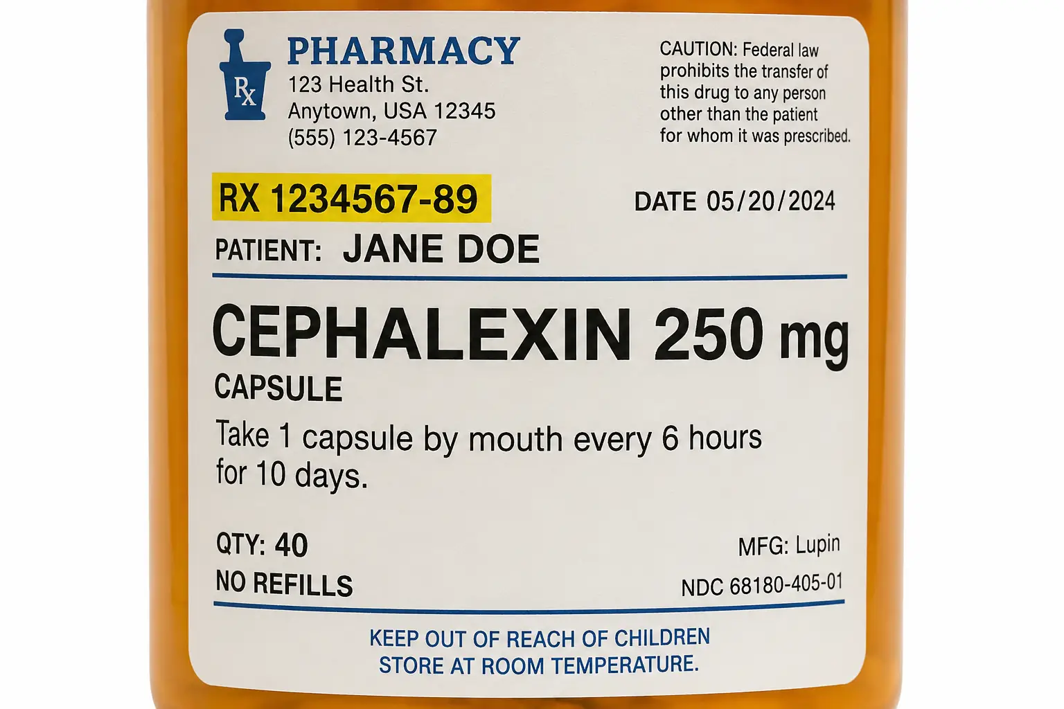Prescription bottle label showing cephalexin 250 mg dosage information.