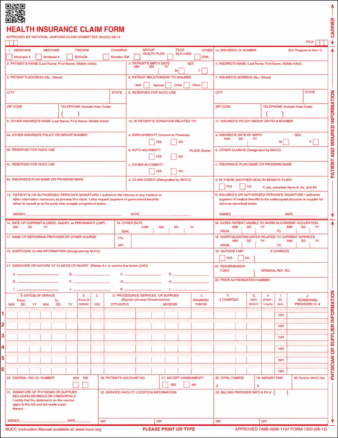 CMS-1500 claim form used for medical billing