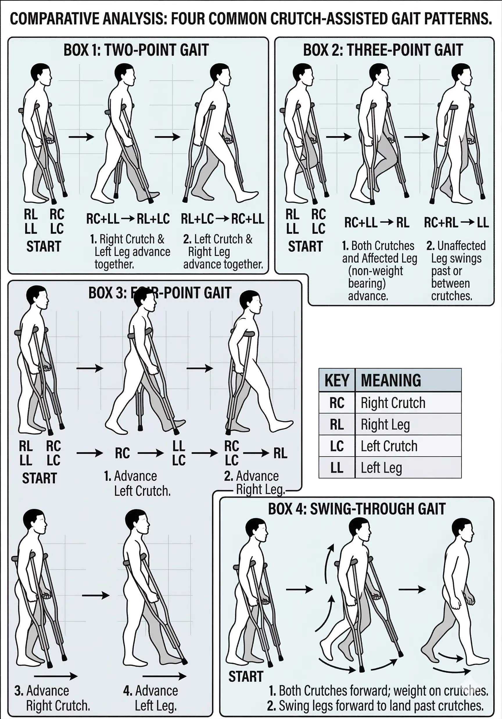 Different axillary crutch walking gaits shown