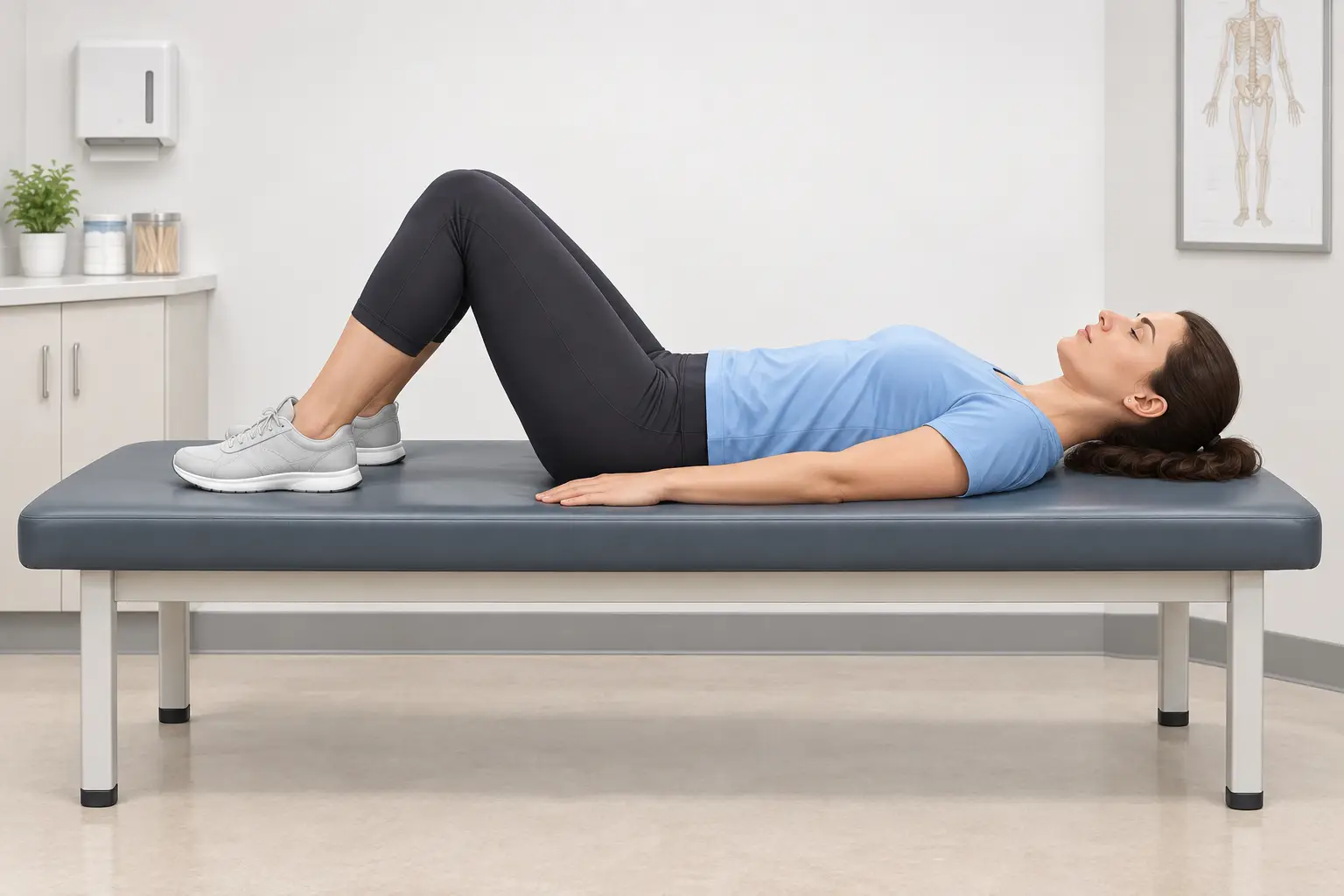 A woman lies on her back on an exam table with knees bent, feet flat, and arms resting at her sides, demonstrating the dorsal recumbent position.