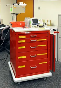 Emergency crash cart with defibrillator displayed