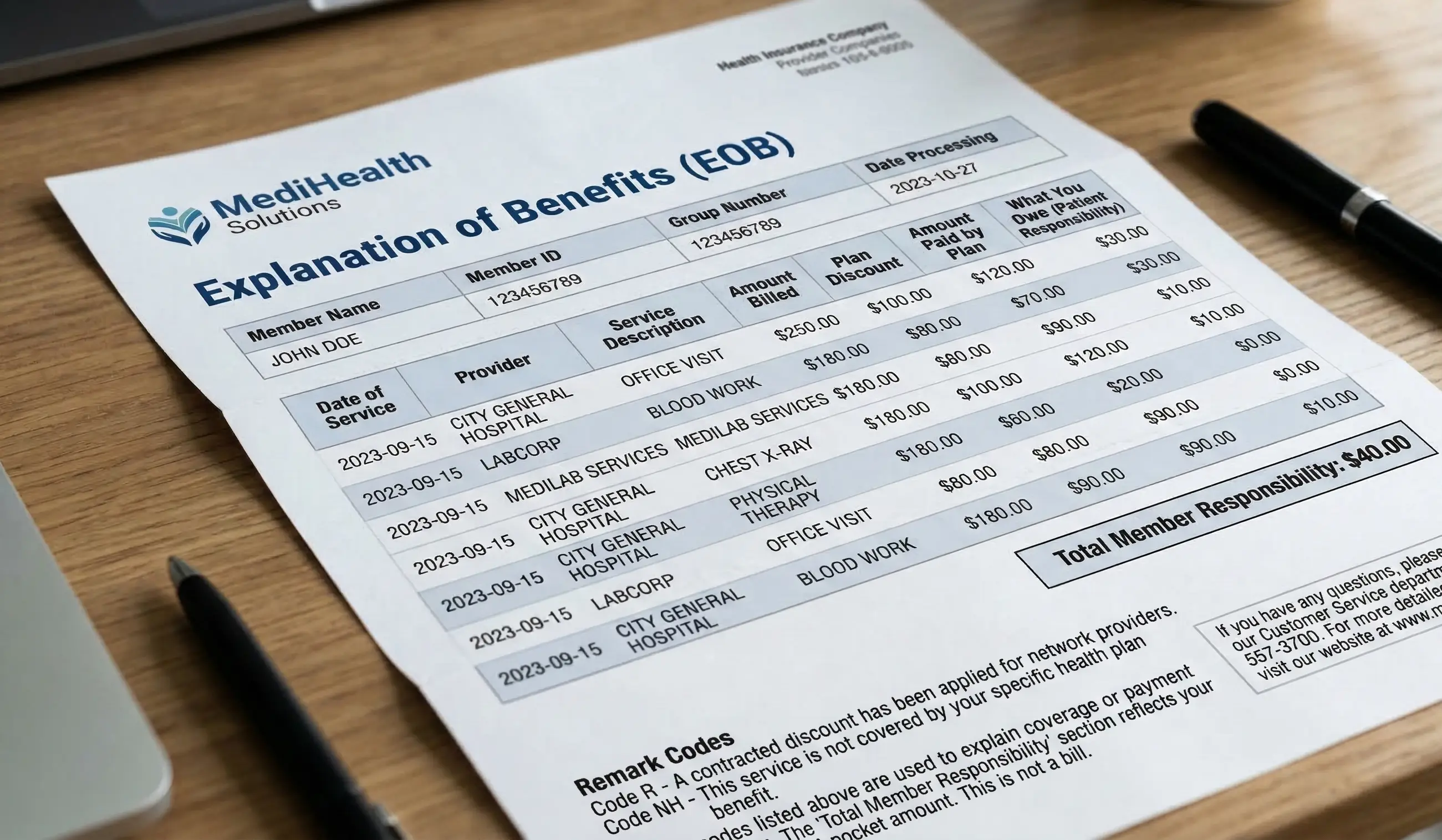 Explanation of benefits document from an insurance company