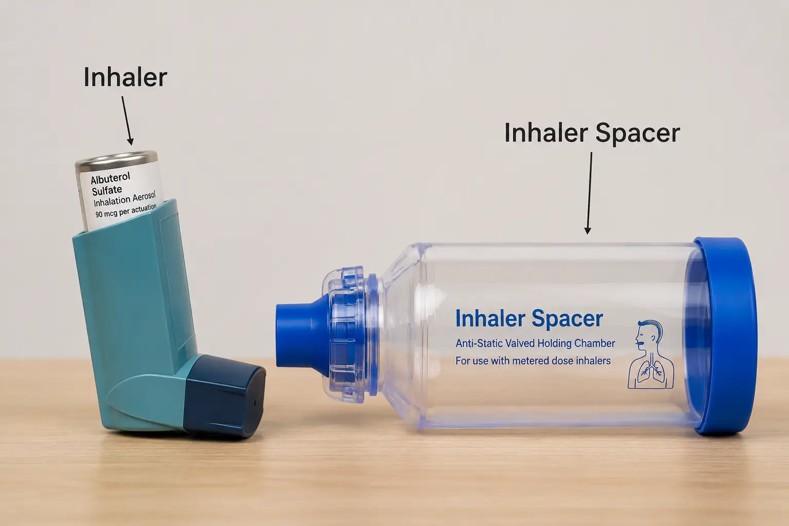 Metered-dose inhaler shown alongside an inhaler spacer chamber.