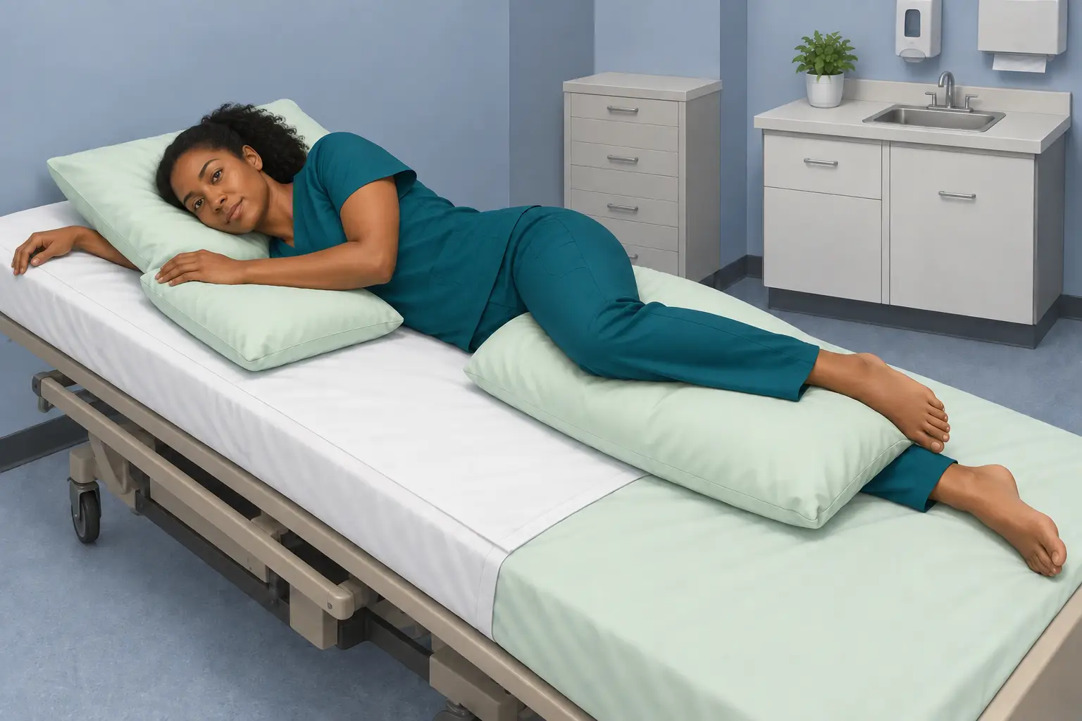 A patient lies on her left side on an exam table bed, with pillows supporting her head and placed between her knees, demonstrating the left lateral (Sims') positioning used for patient care.