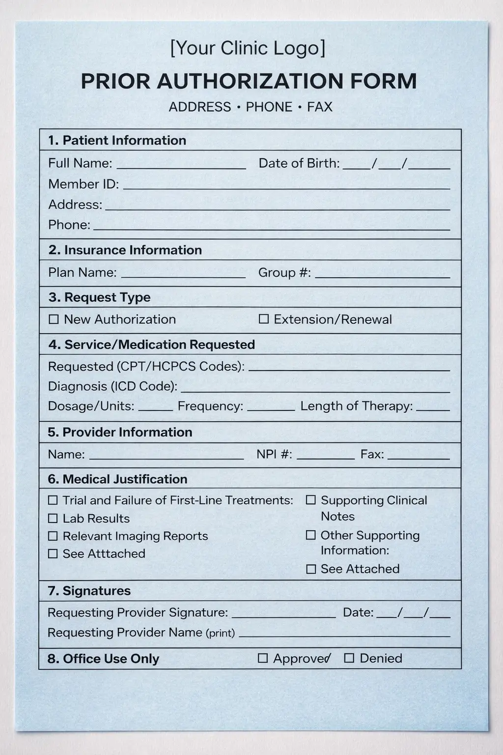 Prior authorization form used for insurance approvals