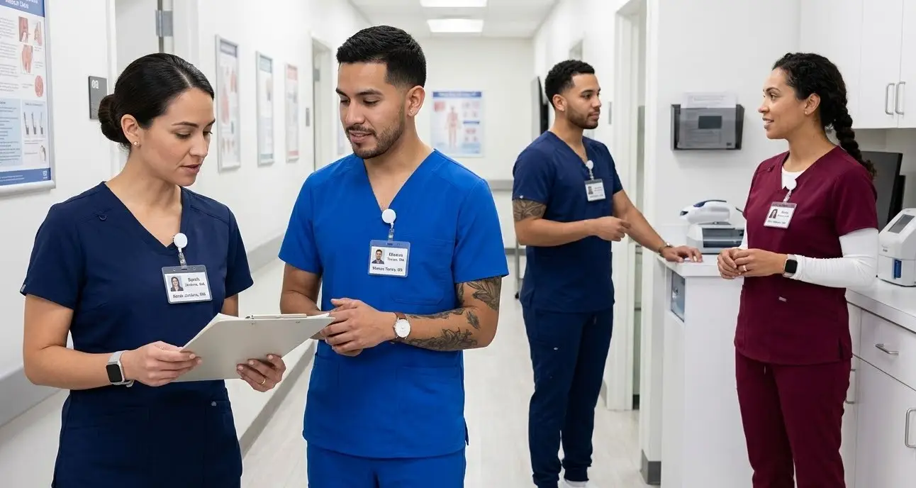 Medical professionals wearing scrubs