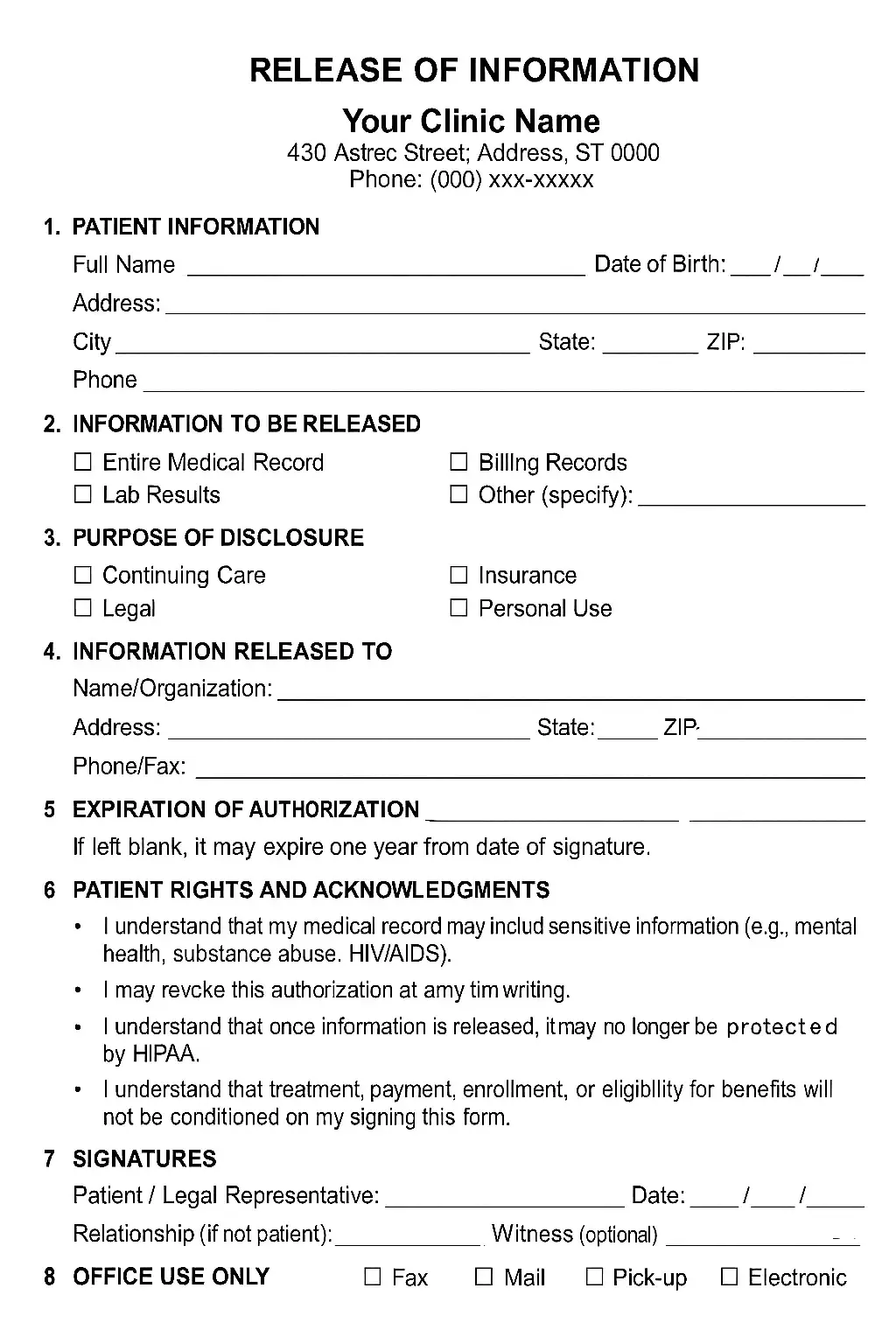 Release of information form used in medical records