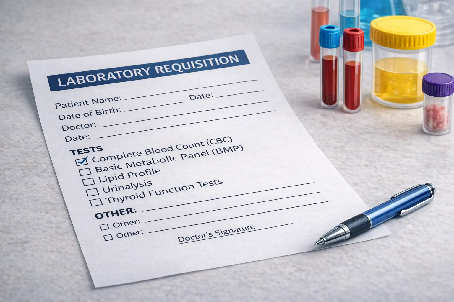 Laboratory requisition form used to order diagnostic tests