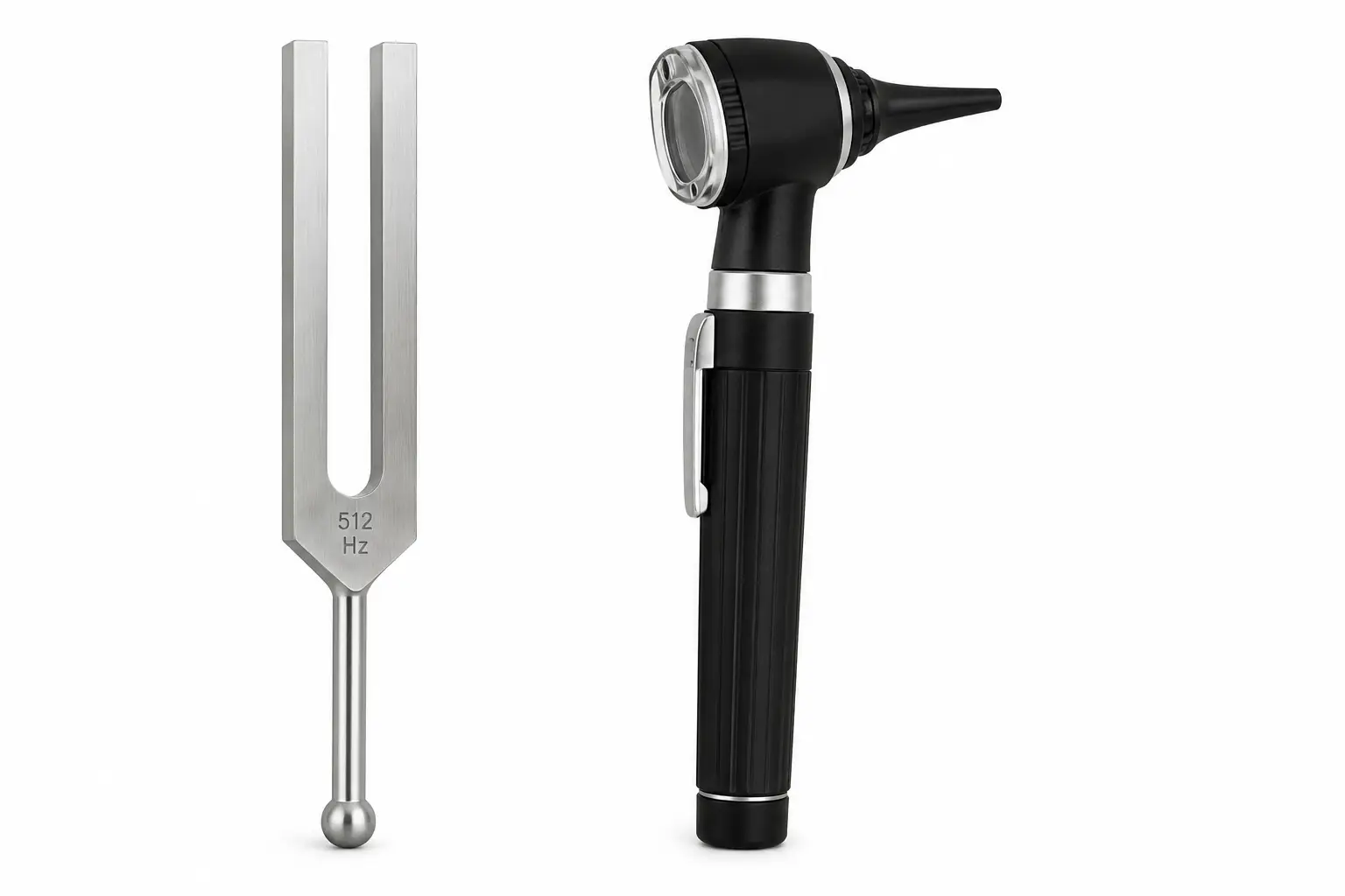 Tuning fork and otoscope used in ear examinations