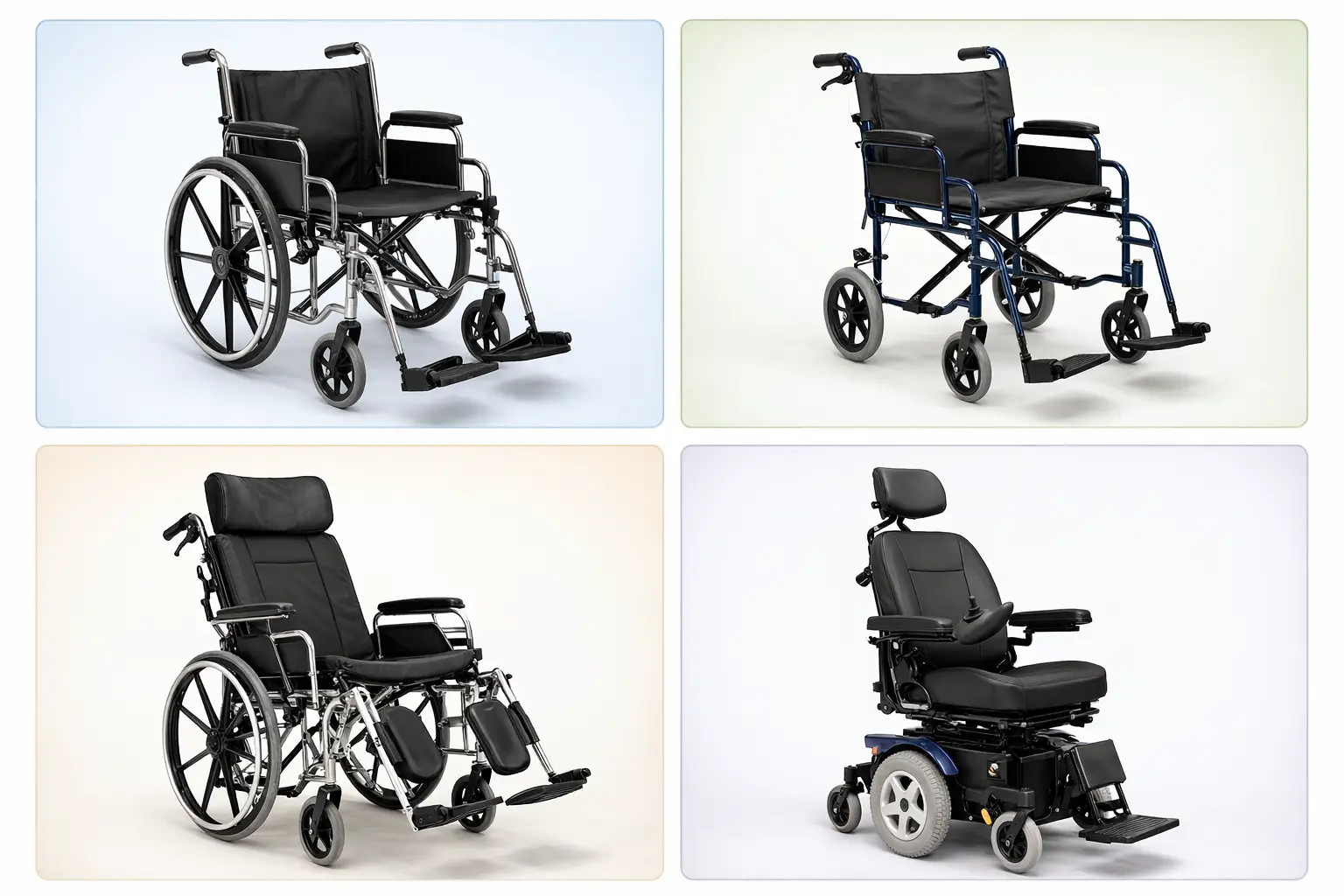 Different types of wheelchairs for patient mobility