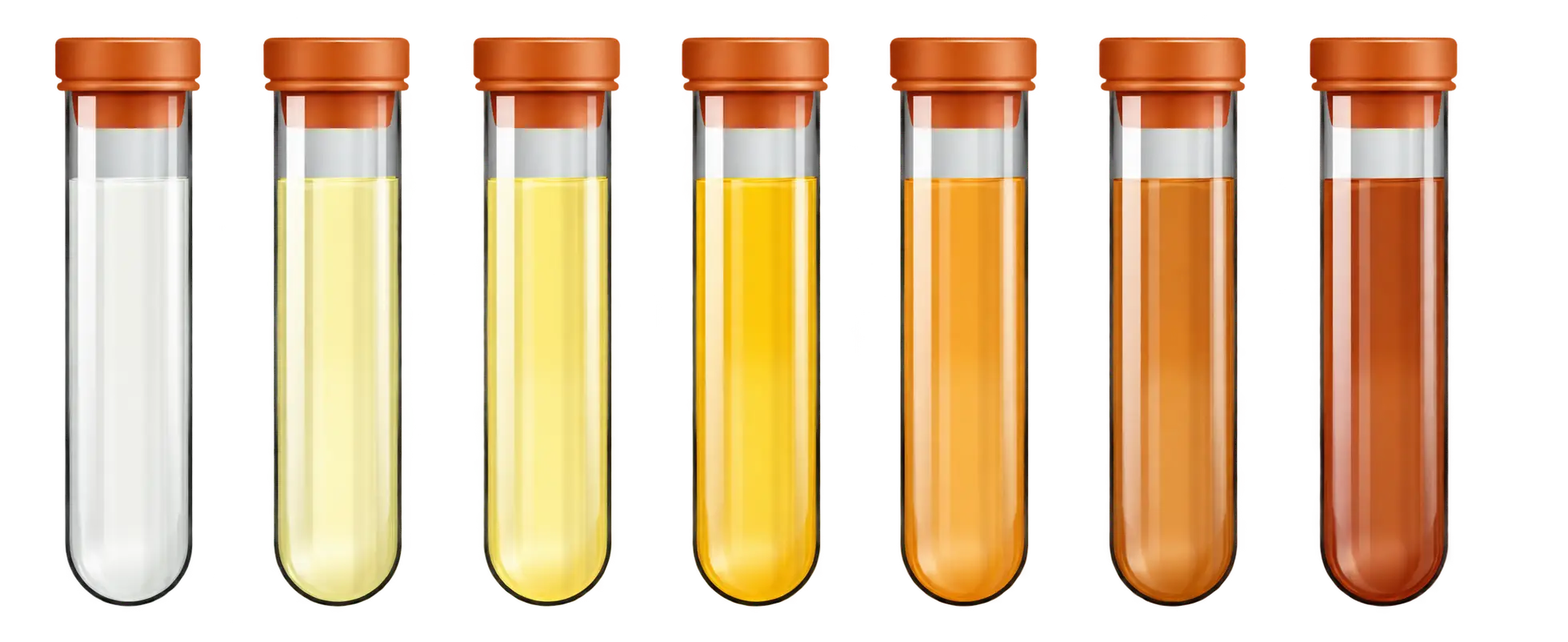 Seven capped test tubes arranged left to right showing a urine color gradient from pale, near-colorless through light yellow, deep yellow, amber, and dark orange-brown.