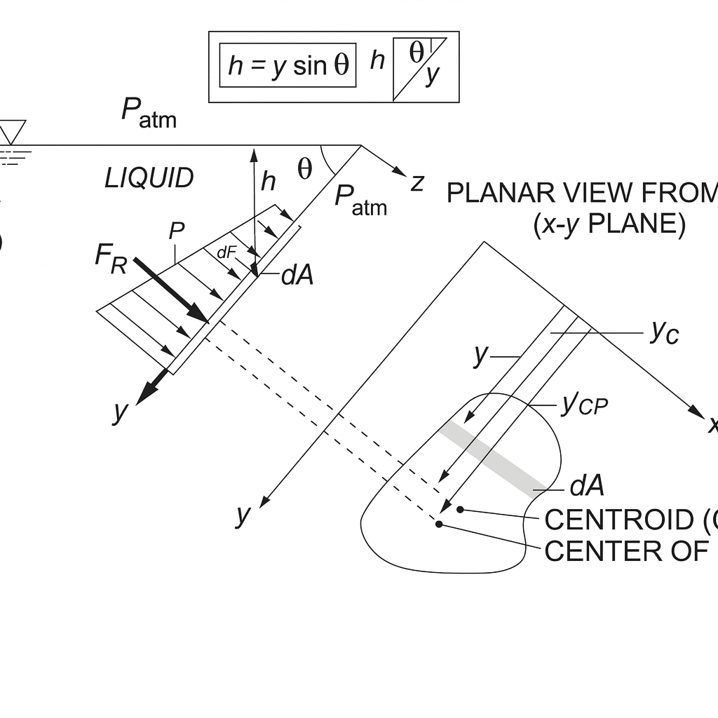 A diagram illustrating hydrostatic forces on an inclined submerged surface and the location of the resulting center of pressure relative to the centroid.