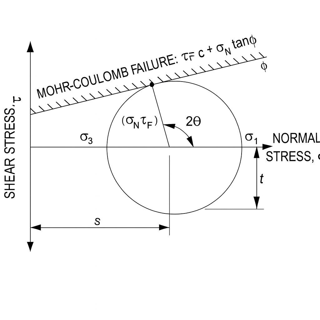 A Mohr's circle diagram illustrating the Mohr-Coulomb failure criterion for soil shear strength under normal and shear stresses.