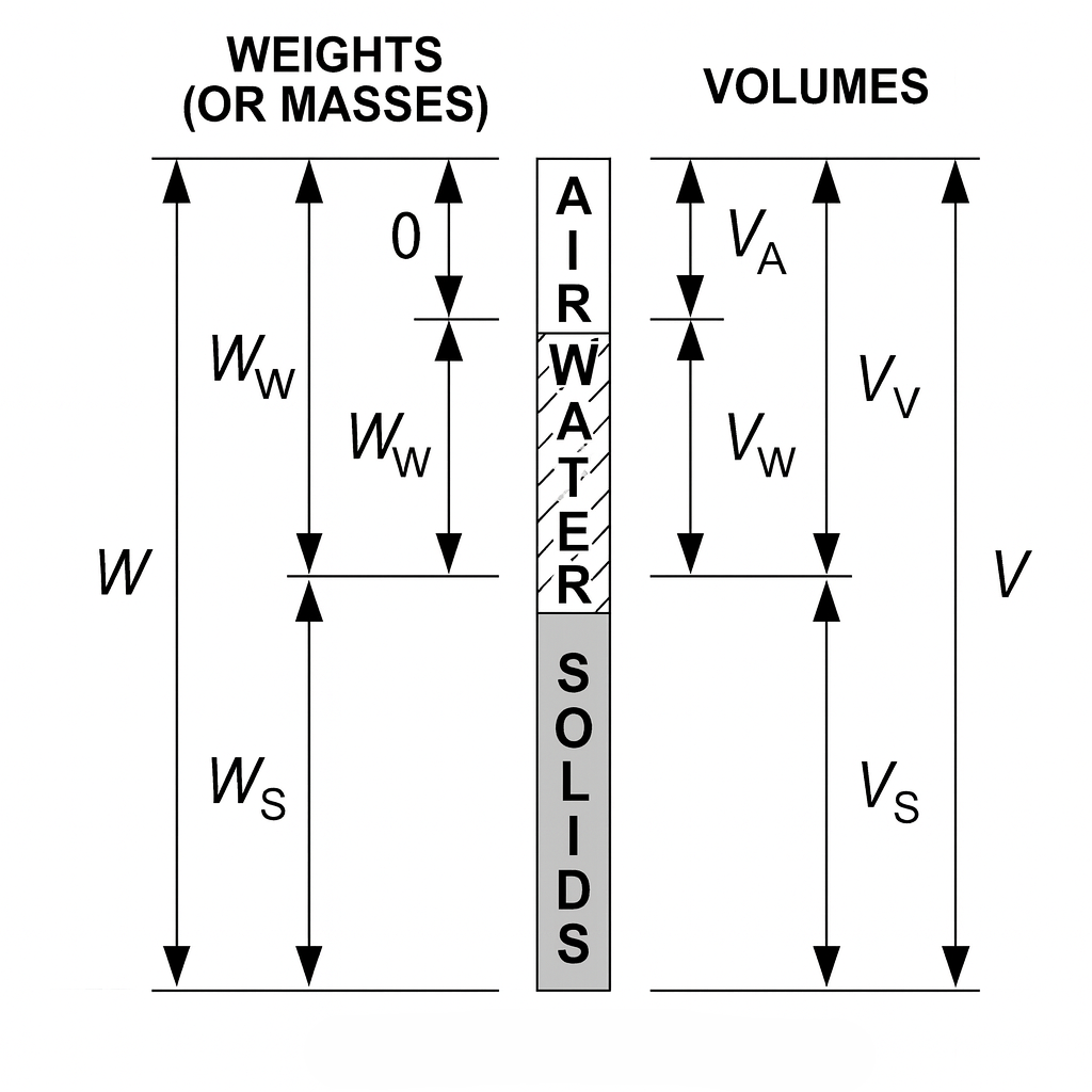A three-phase soil diagram illustrating the relationships between weights (or masses) and volumes of air, water, and solids.