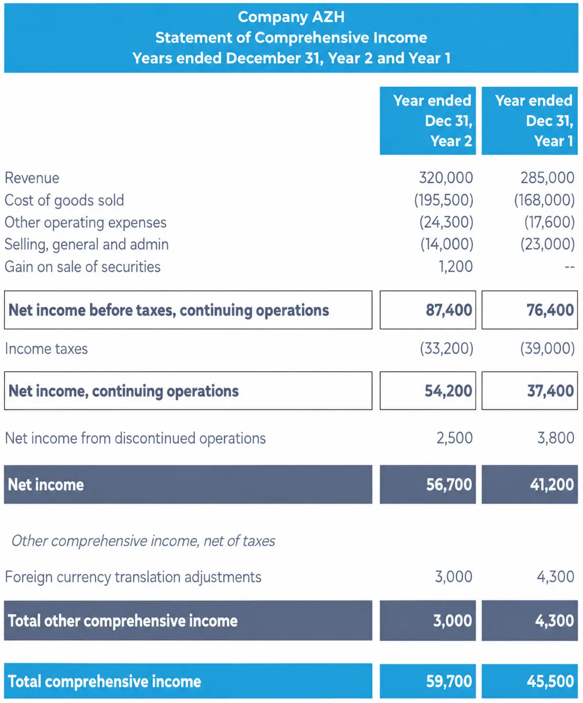Statement of comprehensive income showing revenue, expenses, net income, and other comprehensive income for two years.