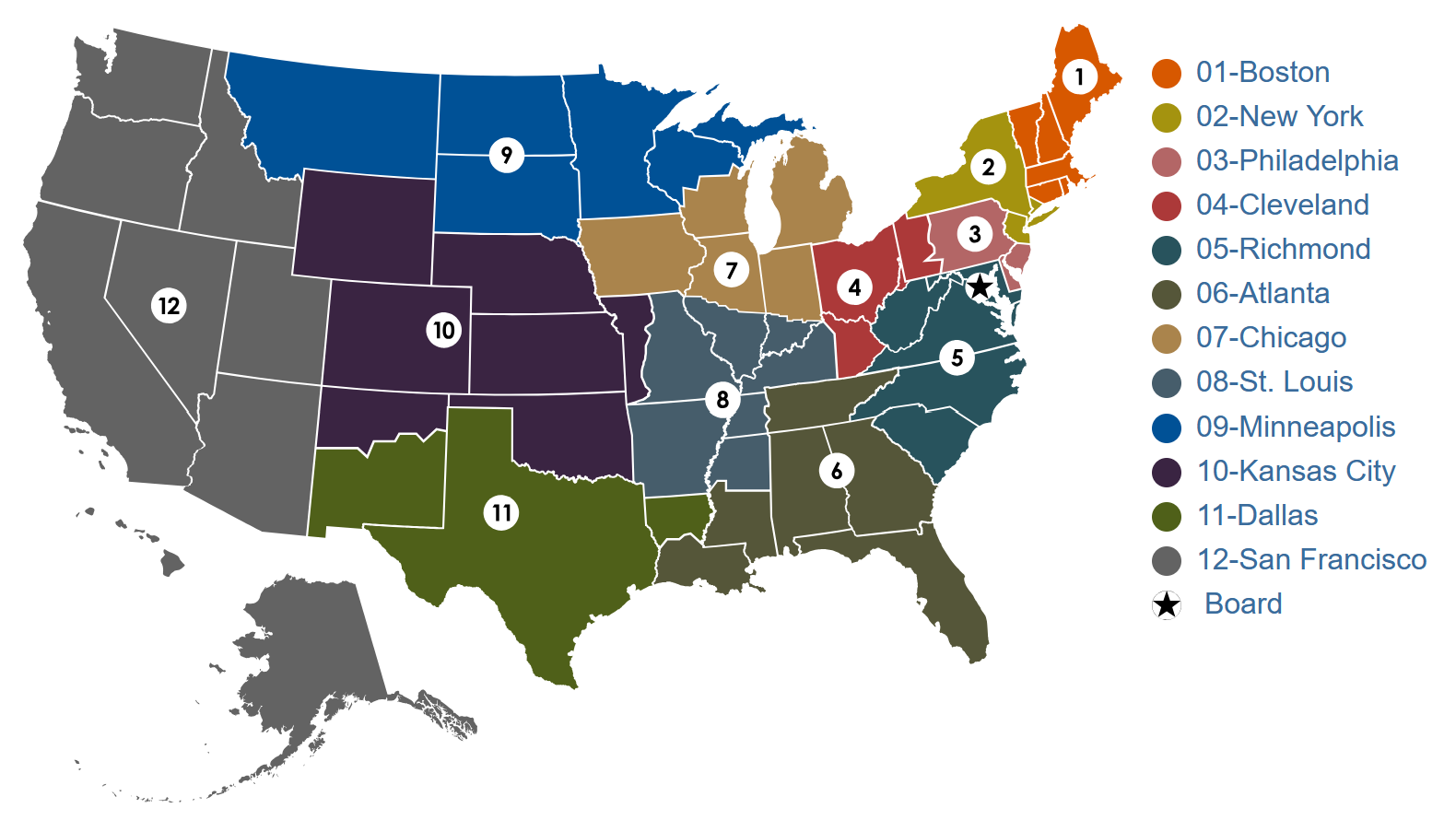 United States map with 12 Federal Reserve Districts