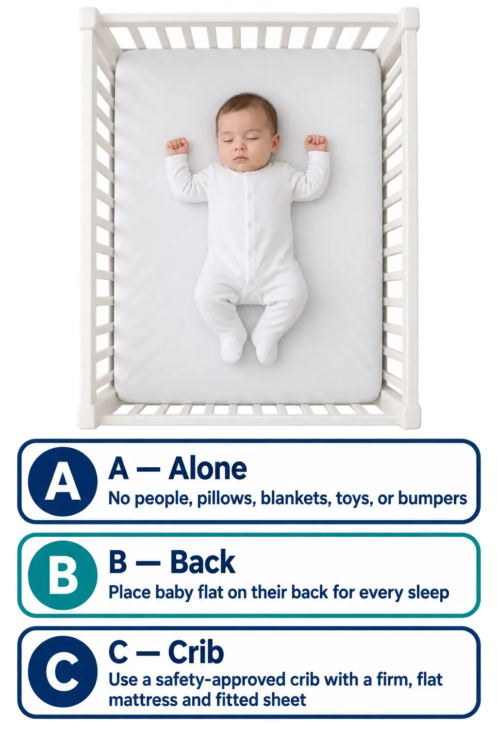Infant sleeping on back in an empty crib illustrates the ABCs of safe sleep: A - Alone, no people, pillows, blankets, toys, or bumpers; B - Back, place baby flat on their back for every sleep; C - Crib, use a safety-approved crib with a firm, flat mattress and fitted sheet.