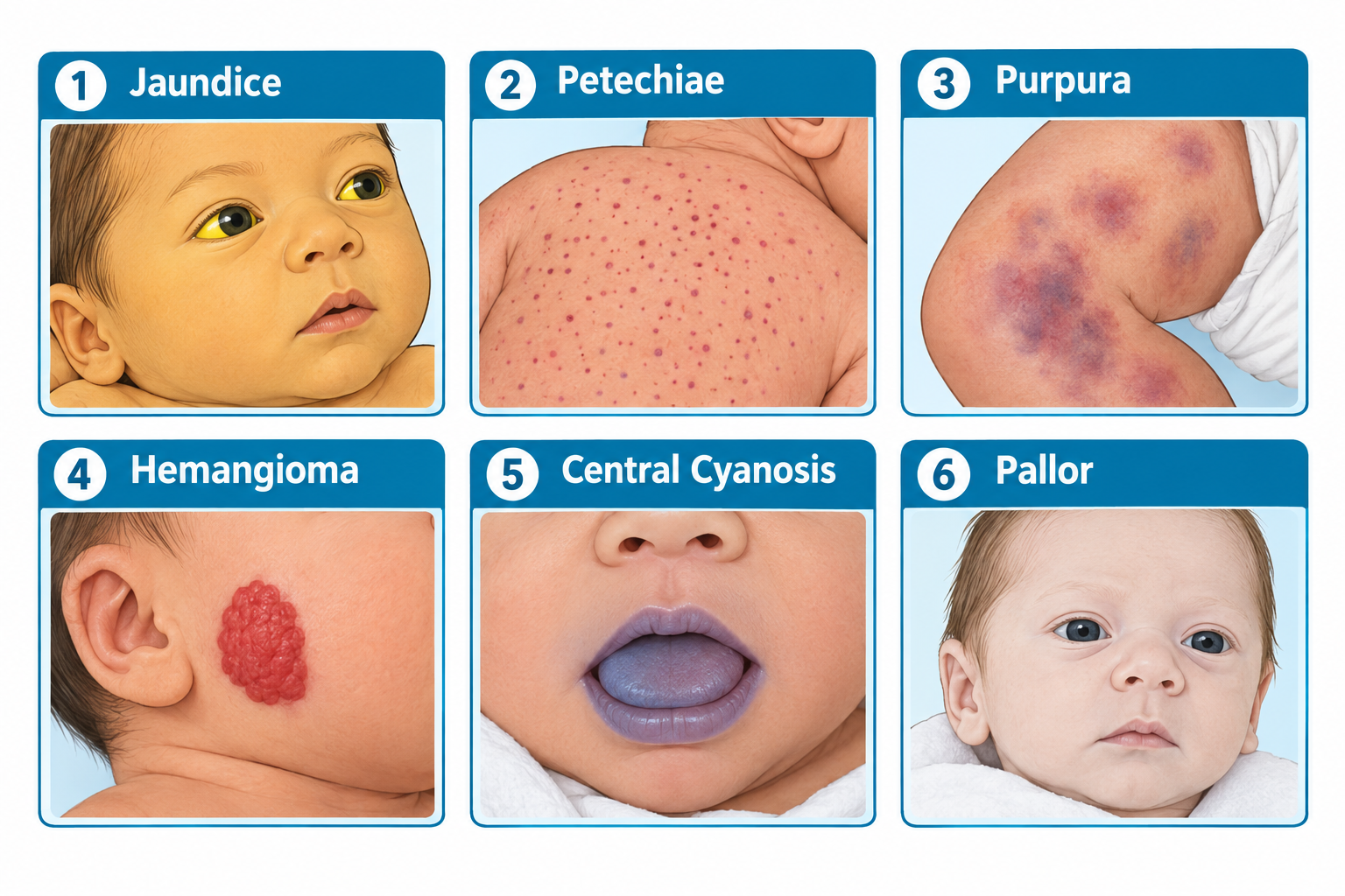A six-panel grid of newborn skin findings, each panel labeled with a numbered blue header: (1) Jaundice shows a yellow-tinged infant face and yellow sclera; (2) Petechiae shows numerous small pinpoint red-purple spots across an infant's back; (3) Purpura shows larger purplish-blue bruised patches on an infant's upper arm; (4) Hemangioma shows a raised, bumpy strawberry-red lesion on an infant's cheek; (5) Central Cyanosis shows a close-up of an infant's blue-tinged lips and tongue; (6) Pallor shows an infant's face with pale, washed-out skin tone.