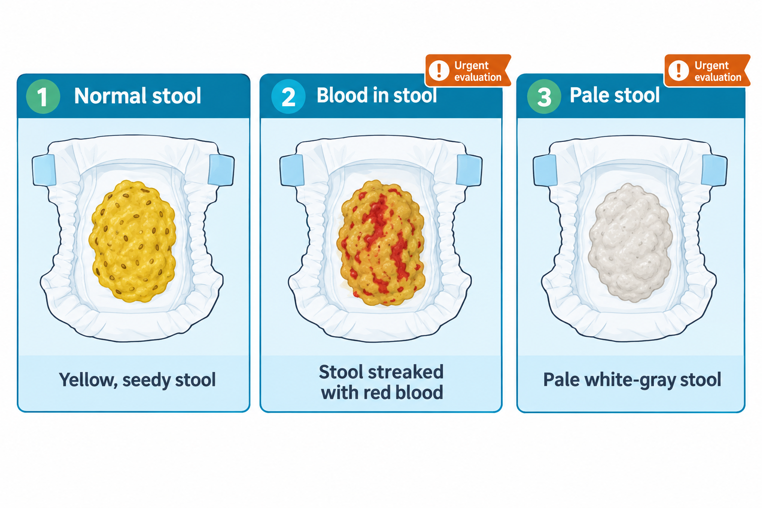 Three diaper illustrations comparing newborn stool appearance: Panel 1 shows a normal yellow, seedy stool; Panel 2 shows a yellow stool streaked with red blood, marked 'Urgent evaluation'; Panel 3 shows a pale white-gray stool, also marked 'Urgent evaluation'.