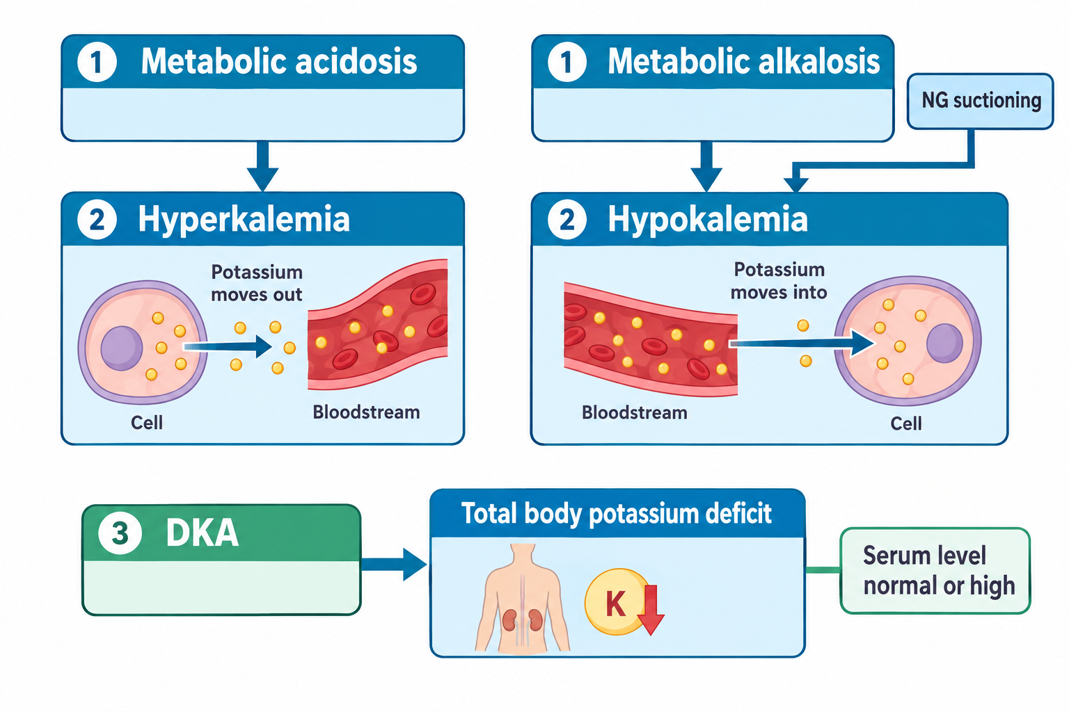 A flowchart in two columns showing potassium shifts with acid-base disorders. Left: metabolic acidosis leads to hyperkalemia, illustrated by potassium ions moving out of a cell into the bloodstream. Right: metabolic alkalosis (also triggered by NG suctioning) leads to hypokalemia, illustrated by potassium ions moving from the bloodstream into a cell. Below, a third pathway shows DKA leading to a total body potassium deficit, depicted with kidneys and a downward-pointing K icon, with a side note that serum potassium level may be normal or high despite the deficit.