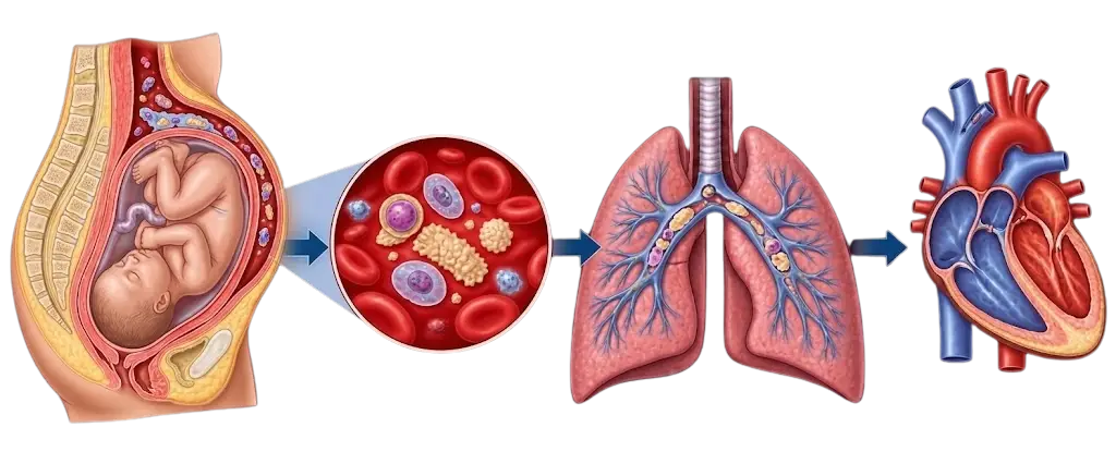 Sequence showing amniotic fluid entering the mother's bloodstream from the uterus during pregnancy, then traveling through blood vessels to lodge in the lungs, and finally reaching the heart, illustrating how the embolism spreads through the circulatory system.