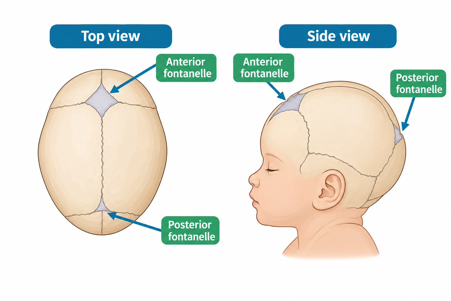 Two illustrations of an infant skull showing fontanelle locations. The top-view diagram shows a diamond-shaped anterior fontanelle at the front of the head and a smaller triangular posterior fontanelle at the back, both along the cranial suture lines. The side-view illustration of a baby's head confirms the anterior fontanelle near the forehead/top of the skull and the posterior fontanelle toward the back of the head.