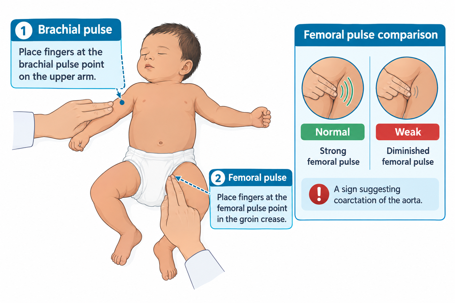A two-panel infographic shows how to assess newborn peripheral pulses. On the left, a clinician's fingers palpate the brachial pulse on the infant's upper arm, then the femoral pulse in the groin crease of the diapered newborn, who lies with arms and legs extended. On the right, two close-up circles compare a normal strong femoral pulse (labeled 'Normal') with sound wave lines to a weak, diminished femoral pulse (labeled 'Weak') with fewer wave lines, accompanied by a note that diminished femoral pulses suggest coarctation of the aorta.