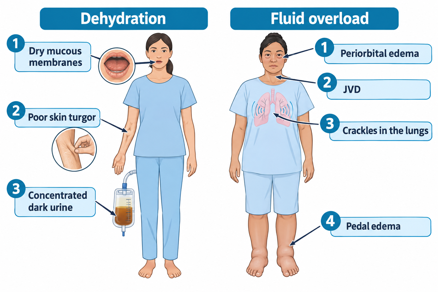 Two illustrated figures compare assessment findings in dehydration versus fluid overload. The dehydration figure has callouts to the mouth showing dry mucous membranes, a pinched forearm showing poor skin turgor, and a urine bag showing concentrated dark urine. The fluid overload figure has callouts to puffy eyes for periorbital edema, the neck for jugular venous distension (JVD), an overlay of lungs with sound waves for crackles, and swollen feet for pedal edema.