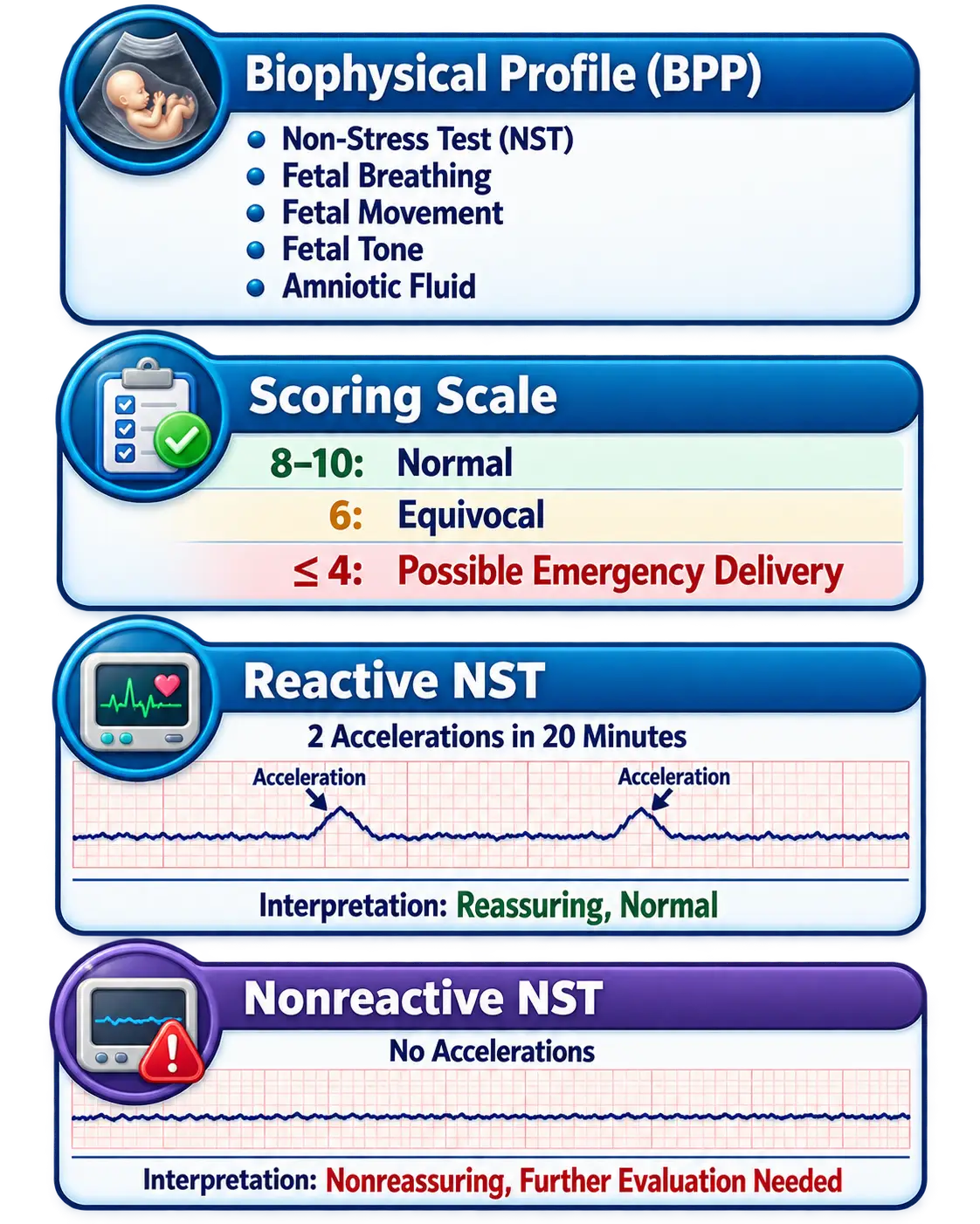Biophysical profile scores five components: non-stress test, fetal breathing, movement, tone, and amniotic fluid. Scores of 8-10 are normal, 6 is equivocal, and 4 or less may need emergency delivery. A reactive NST shows two accelerations in 20 minutes and is reassuring/normal, while a nonreactive NST shows no accelerations and is nonreassuring, requiring further evaluation.