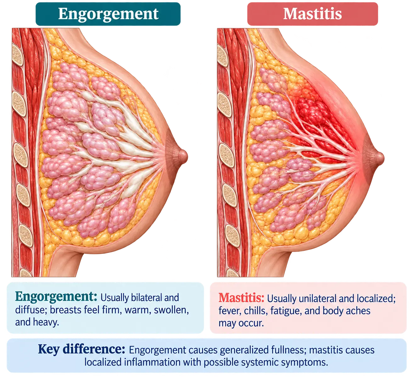 Cross-sections comparing breast engorgement, which is usually bilateral and diffuse with firm, warm, swollen, heavy breasts, versus mastitis, shown with a red inflamed wedge-shaped area, usually unilateral and localized with fever, chills, fatigue, and body aches. Key difference: engorgement causes generalized fullness, while mastitis causes localized inflammation with possible systemic symptoms.