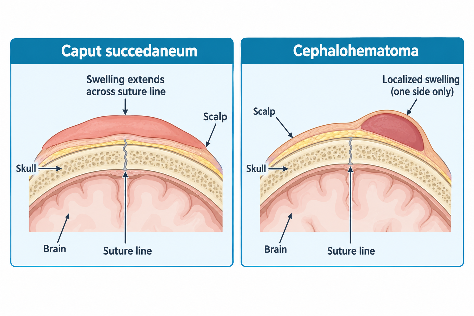 Side-by-side cross-sections of a newborn scalp and skull. Left panel, Caput succedaneum: diffuse soft swelling in the scalp layer that extends across the suture line, with the skull, brain, and suture line labeled. Right panel, Cephalohematoma: a localized pocket of blood confined to one side of the head, stopping at the suture line, with scalp, skull, brain, and suture line labeled.