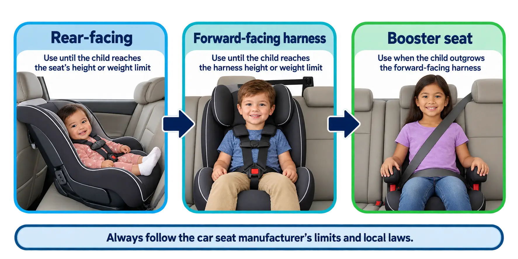 Three-stage car seat progression: rear-facing seat until the child reaches its height or weight limit, then forward-facing harness until that limit is reached, then booster seat once the child outgrows the harness. Footer notes to always follow the car seat manufacturer's limits and local laws.