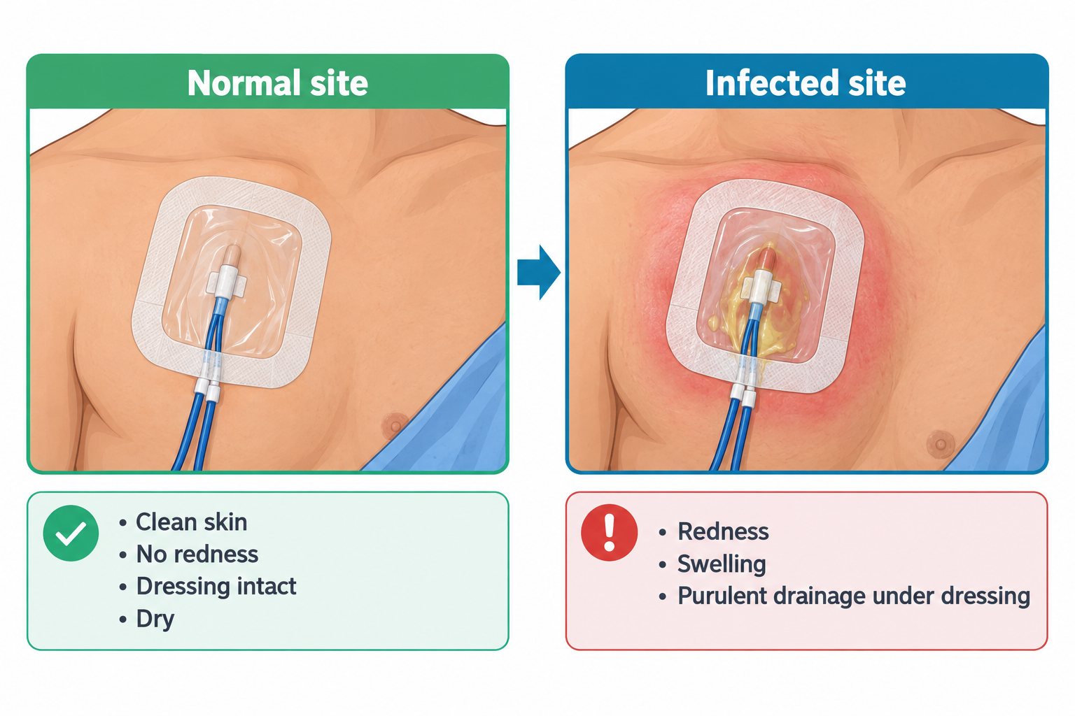 Side-by-side comparison of a central line exit site on the upper chest: the normal site shows a clean, dry, intact transparent occlusive dressing over the catheter insertion point with no surrounding redness, while the infected site shows the same type of dressing surrounded by erythema and swelling, with yellow purulent drainage visible under the dressing.