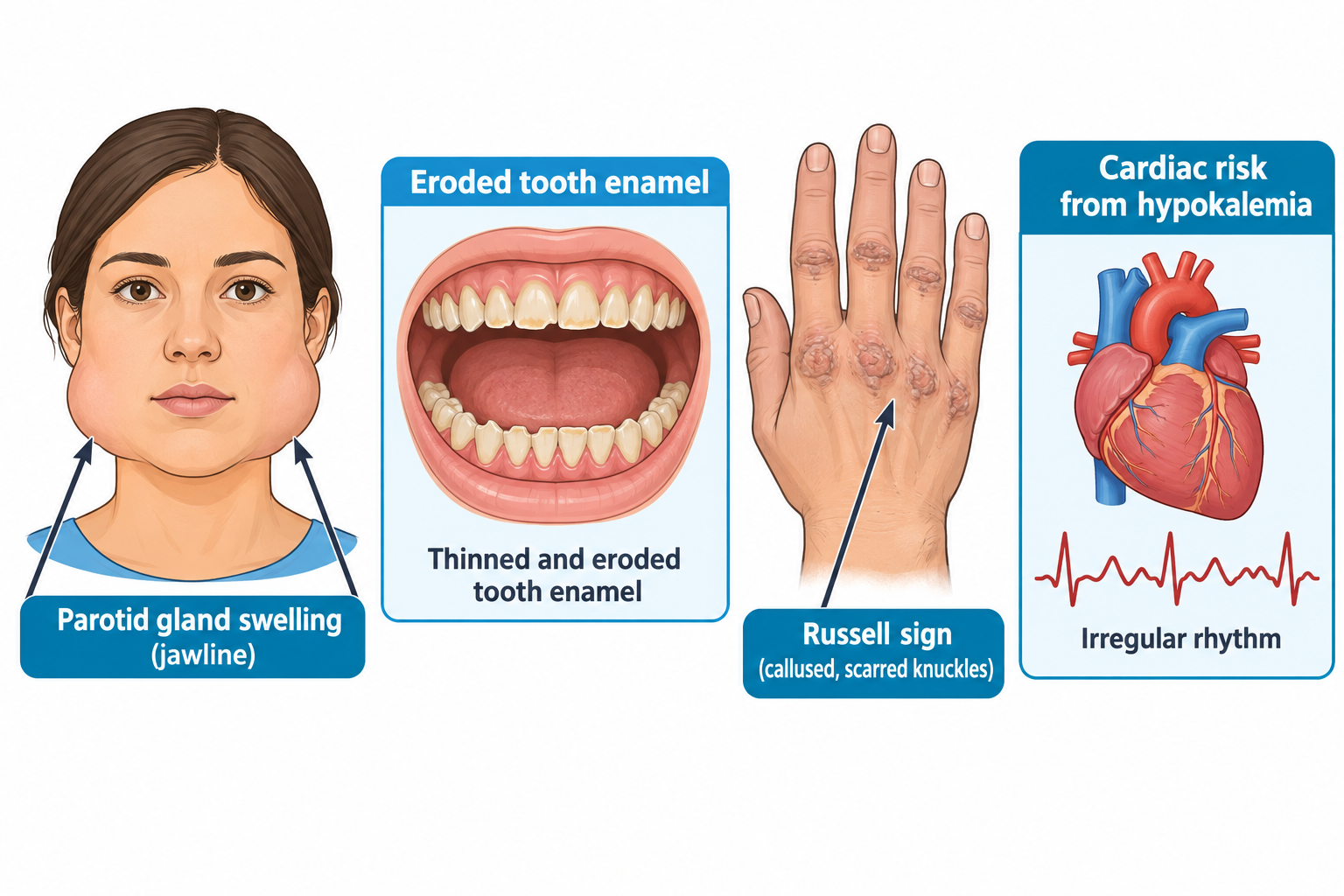 Four-panel illustration of bulimia nervosa findings: a woman's face with arrows pointing to bilateral swelling at the jawline labeled parotid gland swelling; a close-up of an open mouth showing thinned, yellowed, eroded tooth enamel; the back of a hand with an arrow pointing to callused, scarred knuckles labeled Russell sign; and a heart with an ECG strip showing an irregular rhythm labeled cardiac risk from hypokalemia.