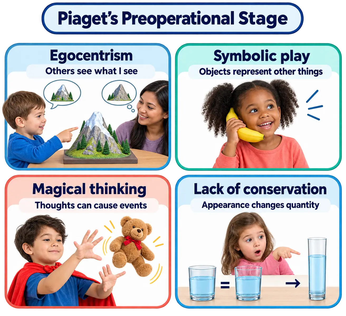 Four traits of Piaget's preoperational stage: egocentrism, a boy assumes his mom sees the mountain model just as he does; symbolic play, a girl pretends a banana is a phone; magical thinking, a boy in a cape believes waving his hands animates his teddy bear; lack of conservation, a girl thinks a tall thin glass holds more water than an equal short wide glass.