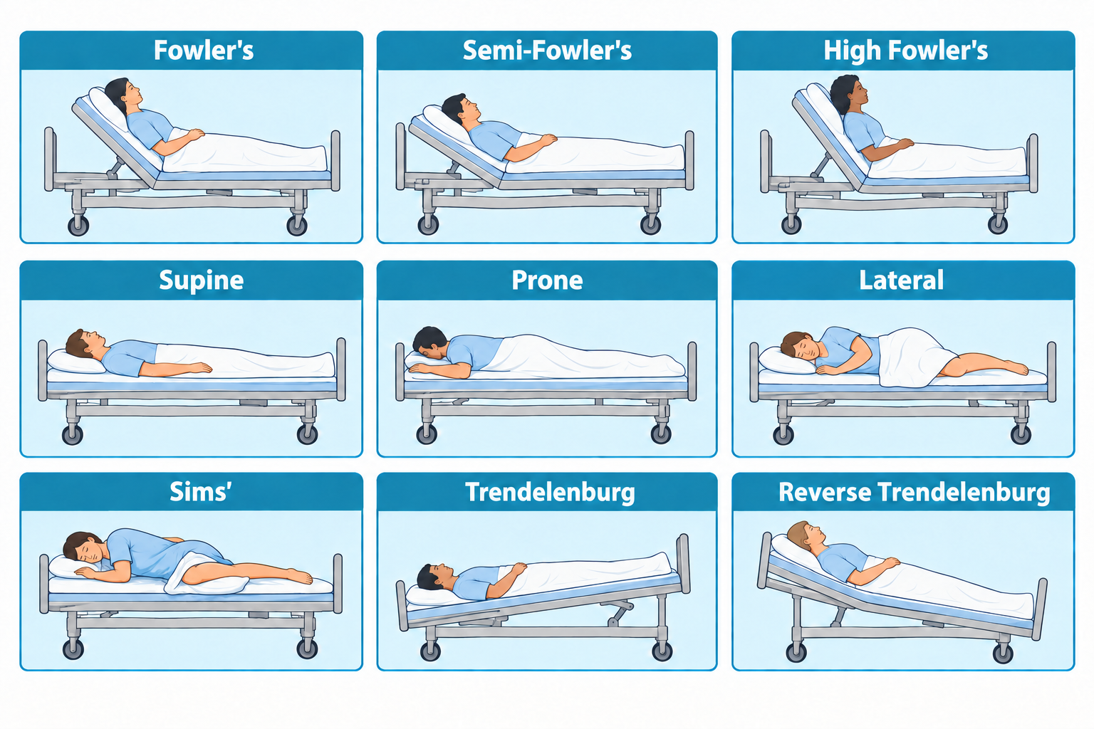 A grid of nine hospital bed illustrations showing patient positions: Fowler's (head raised ~45-60°), Semi-Fowler's (head raised at a lower angle), High Fowler's (head raised nearly upright), Supine (flat on back), Prone (flat on stomach, face turned aside), Lateral (side-lying with pillow), Sims' (semi-prone with knee drawn up), Trendelenburg (bed tilted head-down), and Reverse Trendelenburg (bed tilted head-up).