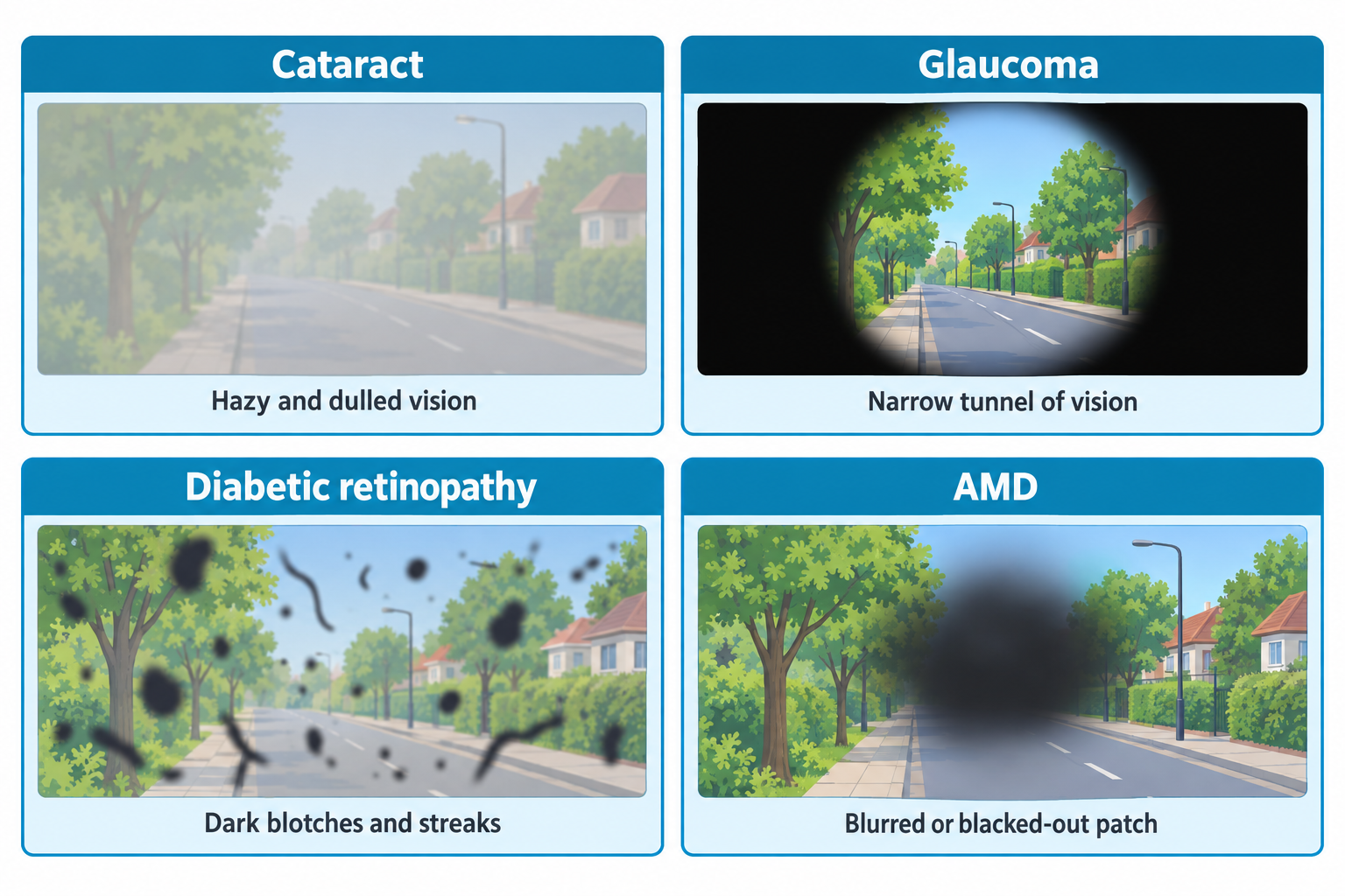 A four-panel comparison of vision impairments as seen by someone with each condition, using the same street scene of trees, houses, and a road. Panel 1 (Cataract) shows the scene as hazy and dulled, as if viewed through fog. Panel 2 (Glaucoma) shows the scene visible only through a small circular opening surrounded by black, representing narrow tunnel vision. Panel 3 (Diabetic retinopathy) shows the scene scattered with dark blotches and squiggly streaks obscuring parts of the view. Panel 4 (AMD) shows the same scene with a large blurred black patch obscuring the center of vision.