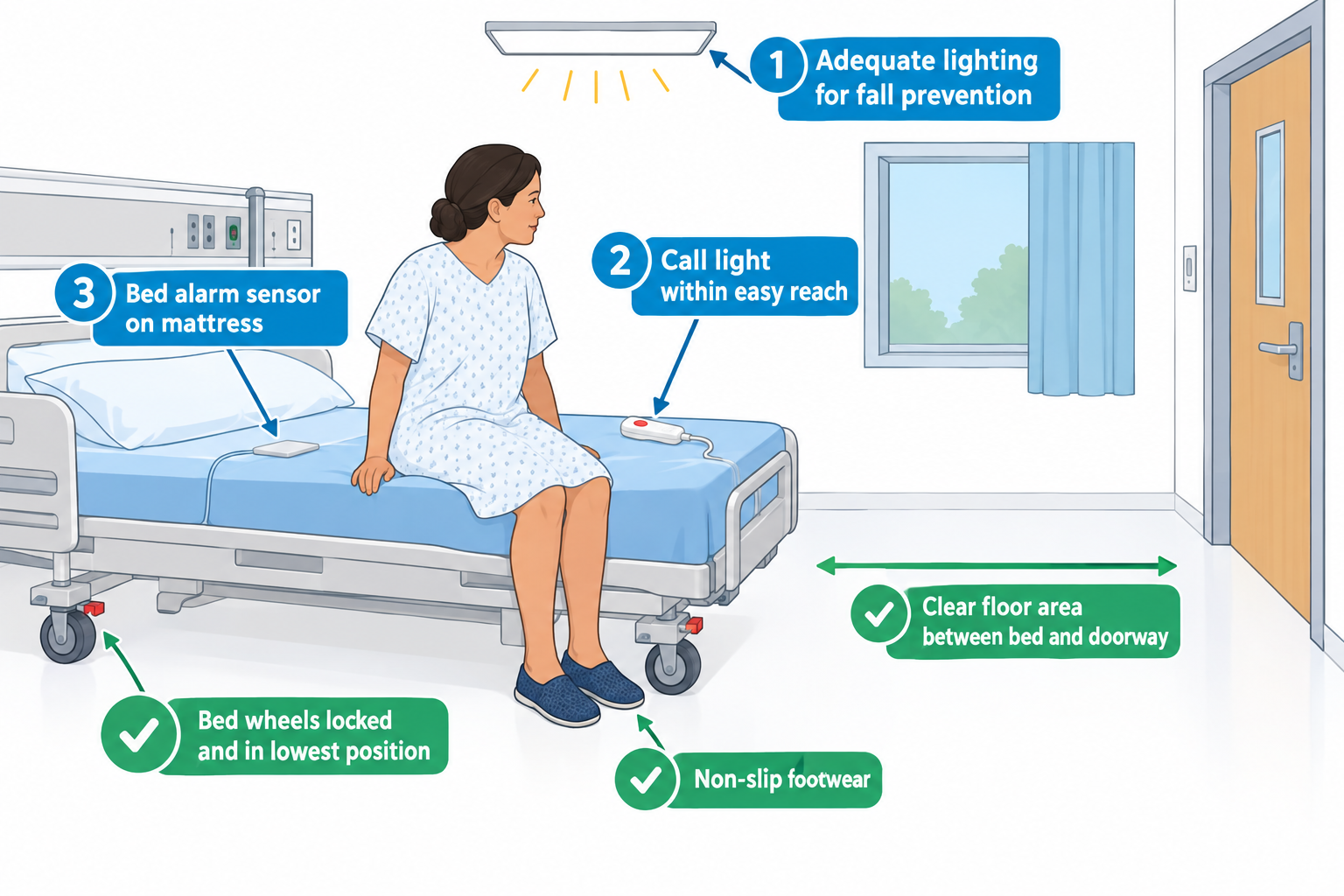 A patient in a hospital gown and non-slip shoes sits on the edge of a hospital bed. Numbered blue labels point to overhead lighting, a call light device within reach on the bed, and a bed alarm sensor pad on the mattress. Green checkmark labels indicate locked bed wheels in the lowest position, non-slip footwear, and a clear floor path between the bed and the room's doorway.