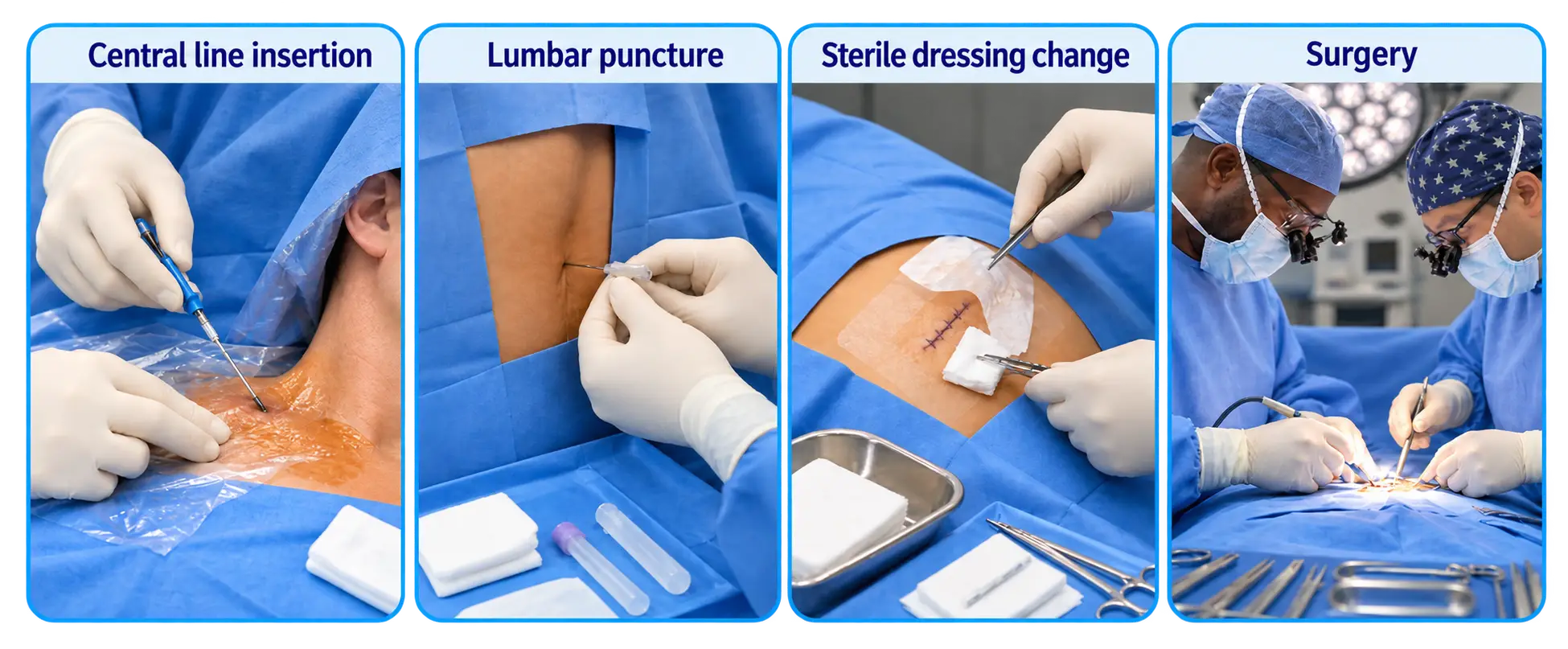 Four sterile procedures requiring surgical asepsis: central line insertion into the neck, lumbar puncture into the lower back with collection tubes nearby, sterile dressing change over a sutured wound, and two masked surgeons operating with instruments in the sterile field.