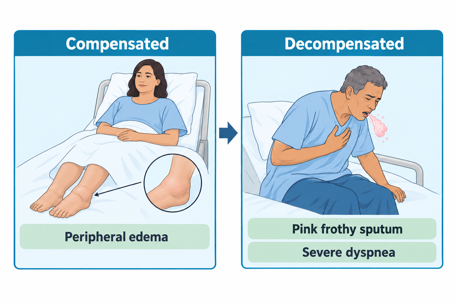 Two panels show heart failure progression: on the left, a compensated patient reclines comfortably in a hospital bed with a magnified view of swollen ankle/foot tissue labeled peripheral edema; on the right, a decompensated patient sits upright in bed, coughing pink frothy sputum with a hand clutched to the chest, labeled pink frothy sputum and severe dyspnea, with an arrow indicating progression from compensated to decompensated status.
