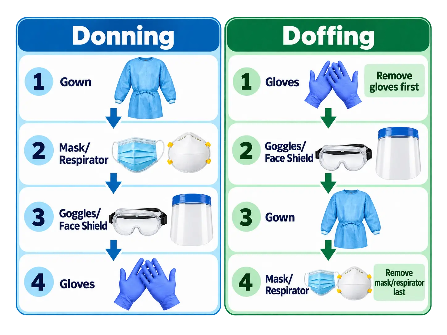 PPE donning order: 1 gown, 2 mask/respirator, 3 goggles/face shield, 4 gloves. PPE doffing order (reverse): 1 gloves (remove gloves first), 2 goggles/face shield, 3 gown, 4 mask/respirator (remove mask/respirator last).