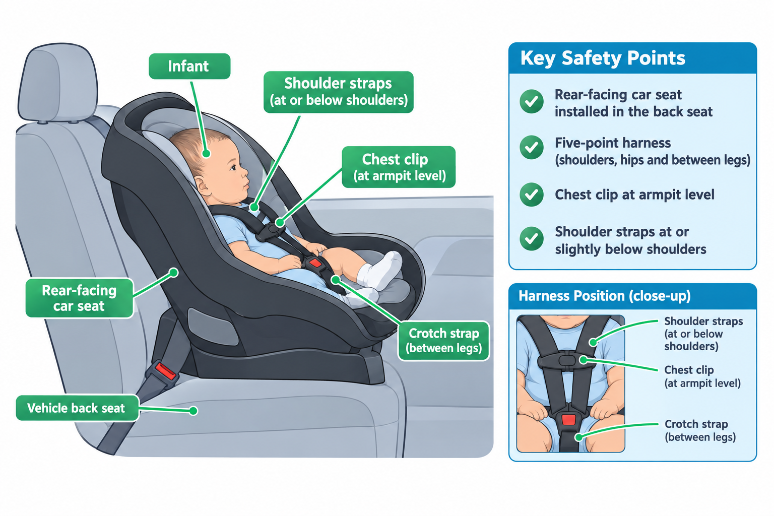 A rear-facing infant car seat installed in a vehicle's back seat, shown from the side with an infant secured inside. Callouts identify the infant, rear-facing car seat, vehicle back seat, shoulder straps positioned at or below the shoulders, a chest clip at armpit level, and a crotch strap between the legs. A side panel lists key safety points and a close-up inset of the harness repeats the shoulder strap, chest clip, and crotch strap positioning from a front view of the child's torso.