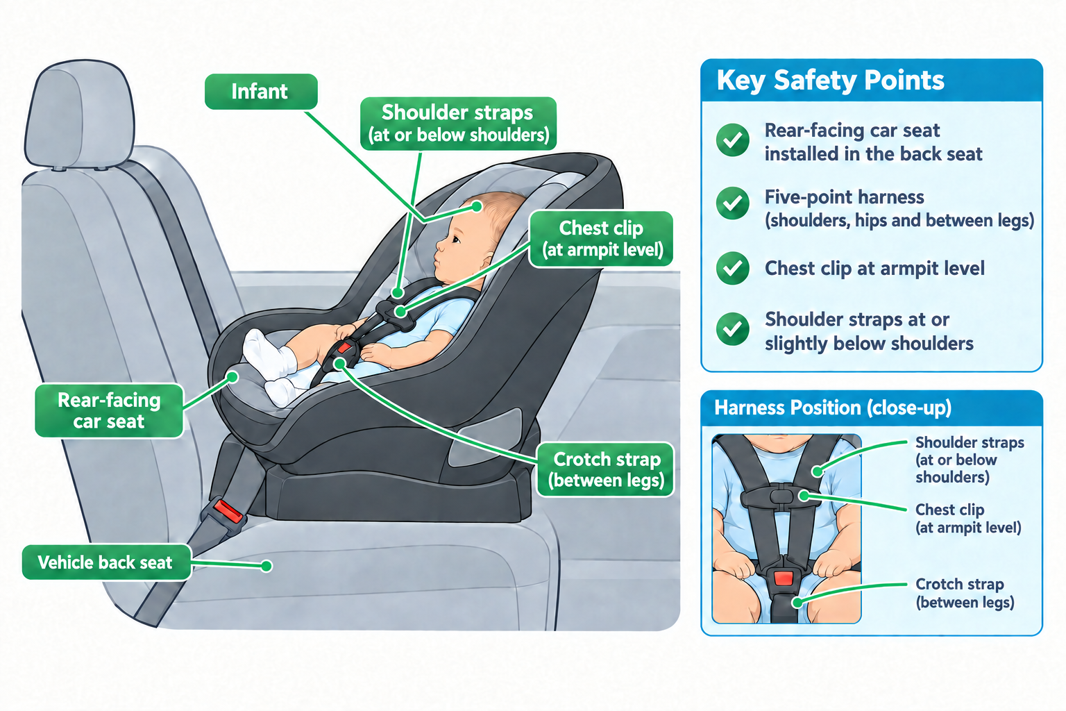 A rear-facing infant car seat installed in a vehicle's back seat, shown from the side with an infant secured inside; callouts point to the infant, the rear-facing seat, the vehicle back seat, shoulder straps positioned at or below the shoulders, a chest clip at armpit level, and a crotch strap between the legs. A side panel lists key safety points (rear-facing seat in the back seat, five-point harness, chest clip at armpit level, shoulder straps at or below shoulders), and an inset close-up of the harness from the front repeats the shoulder strap, chest clip, and crotch strap positions.