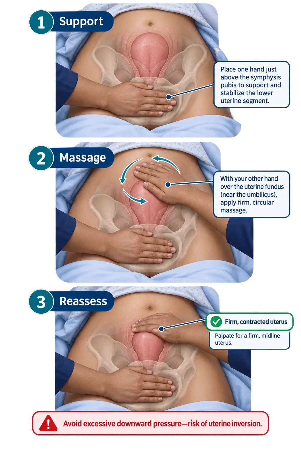 Three-step fundal massage technique: 1) Support - place one hand just above the symphysis pubis to stabilize the lower uterine segment; 2) Massage - with the other hand over the fundus near the umbilicus, apply firm circular massage; 3) Reassess - palpate for a firm, midline uterus, confirming a firm contracted uterus. Warning: avoid excessive downward pressure due to risk of uterine inversion.