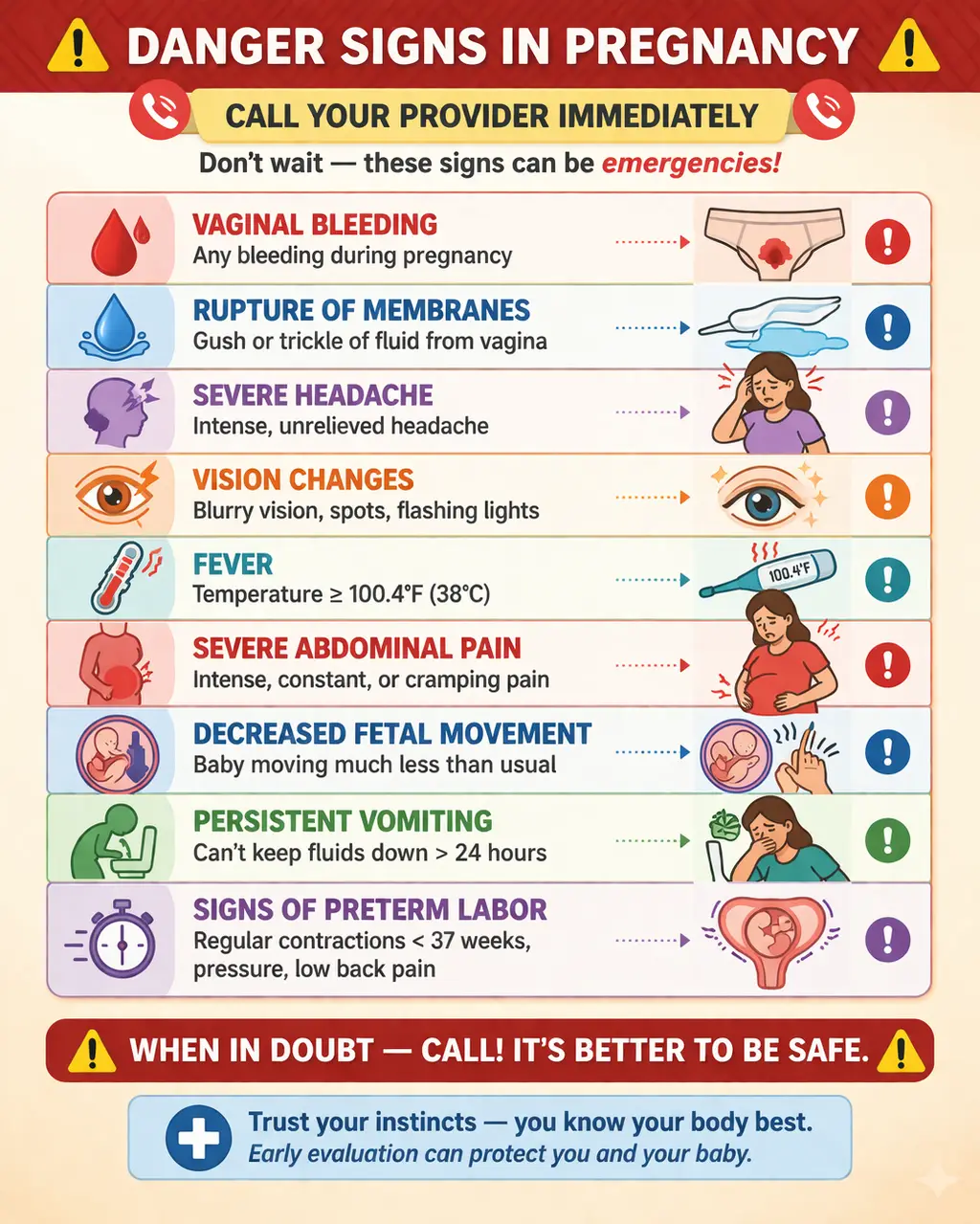 Signs that require emergent provider evaluation during pregnancy