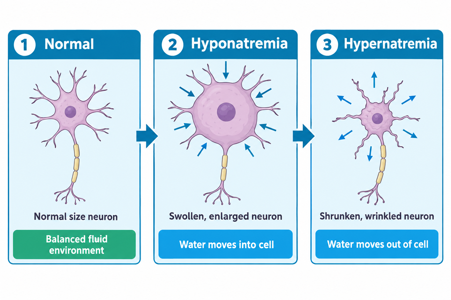 Three-panel sequence of a neuron under different sodium conditions. Panel 1 shows a normal-sized neuron labeled 'Balanced fluid environment.' Panel 2 shows hyponatremia with arrows pointing inward and a swollen, enlarged neuron labeled 'Water moves into cell.' Panel 3 shows hypernatremia with arrows pointing outward and a shrunken, wrinkled neuron labeled 'Water moves out of cell.'