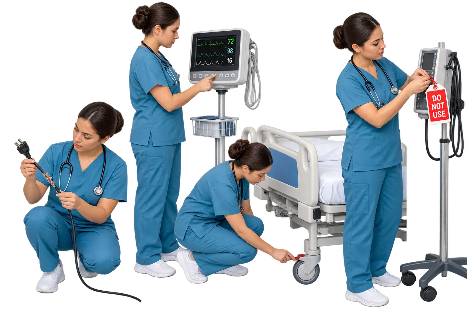 Five images of the same nurse performing equipment checks: inspecting a frayed power cord, pressing buttons on a vital signs monitor showing heart rate 72, oxygen 98, and respiration 16, locking a hospital bed's wheel, and attaching a red DO NOT USE tag to a malfunctioning device on a pole.
